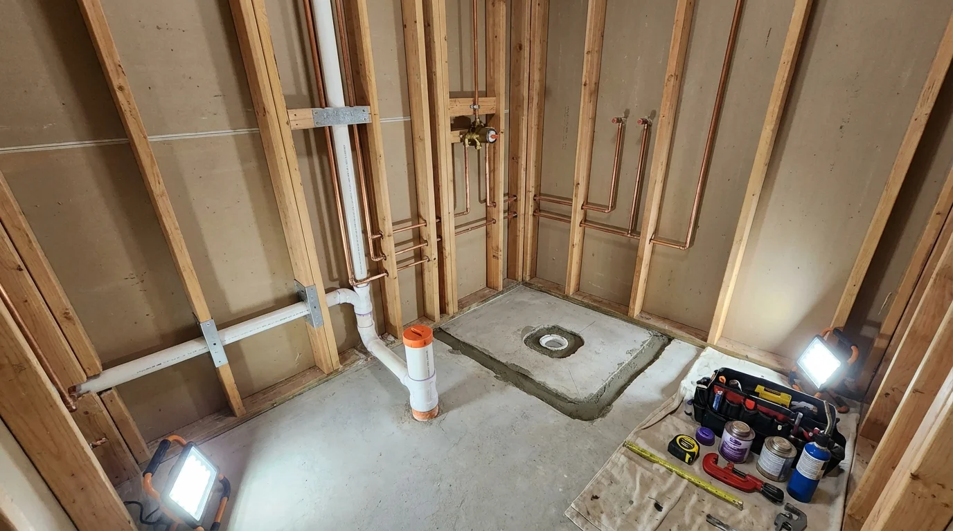 Bathroom rough-in plumbing during remodel by Johns Plumbing LLC in Red Lion