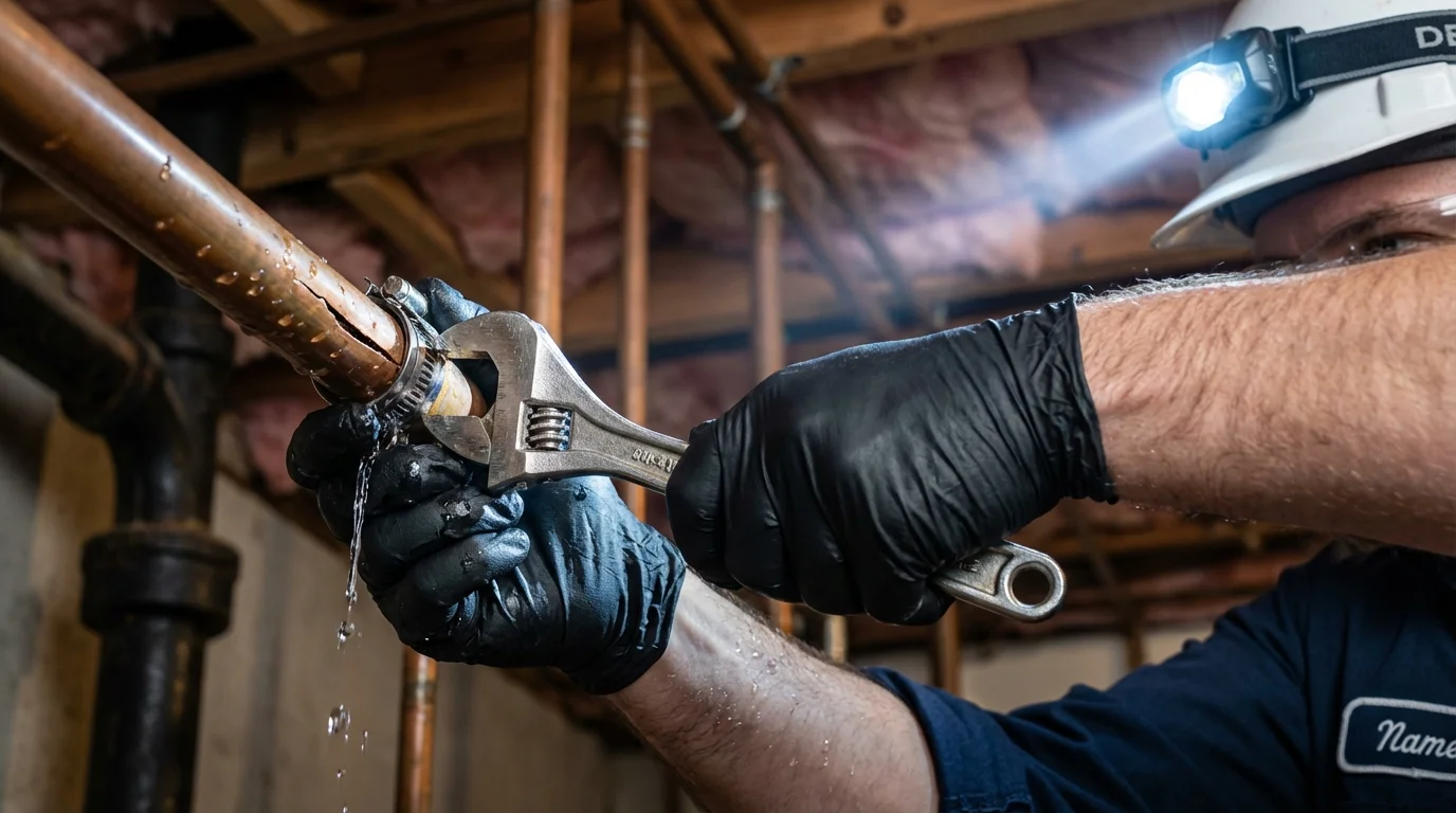 Emergency pipe clamp repair being performed by a Johns Plumbing LLC plumber in Red Lion