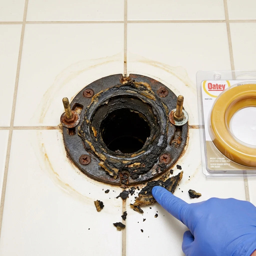 Failed wax ring showing water seepage at the base of a toilet in a Red Lion, PA home