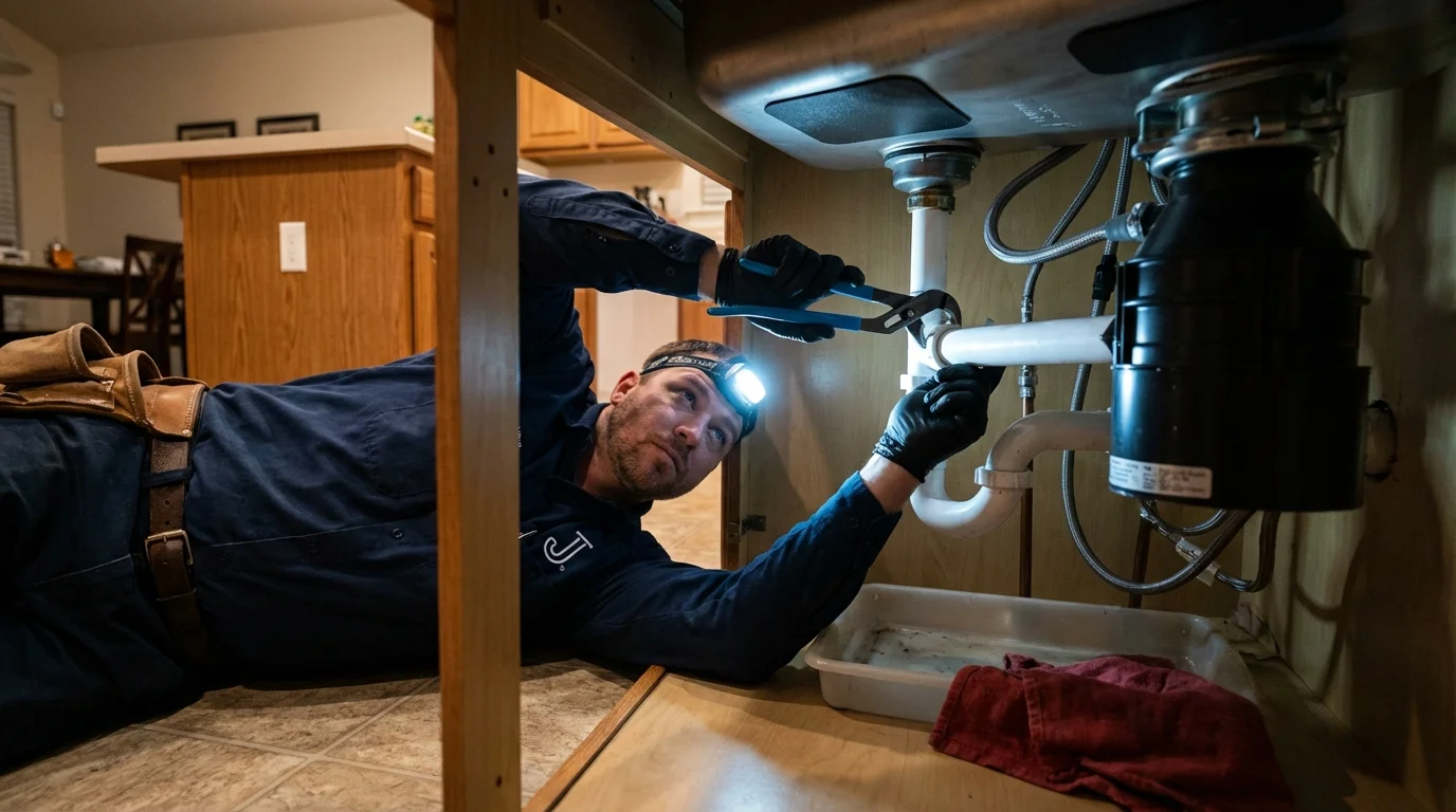 P-trap and supply line connections under a kitchen sink showing a common leak point in Red Lion, PA